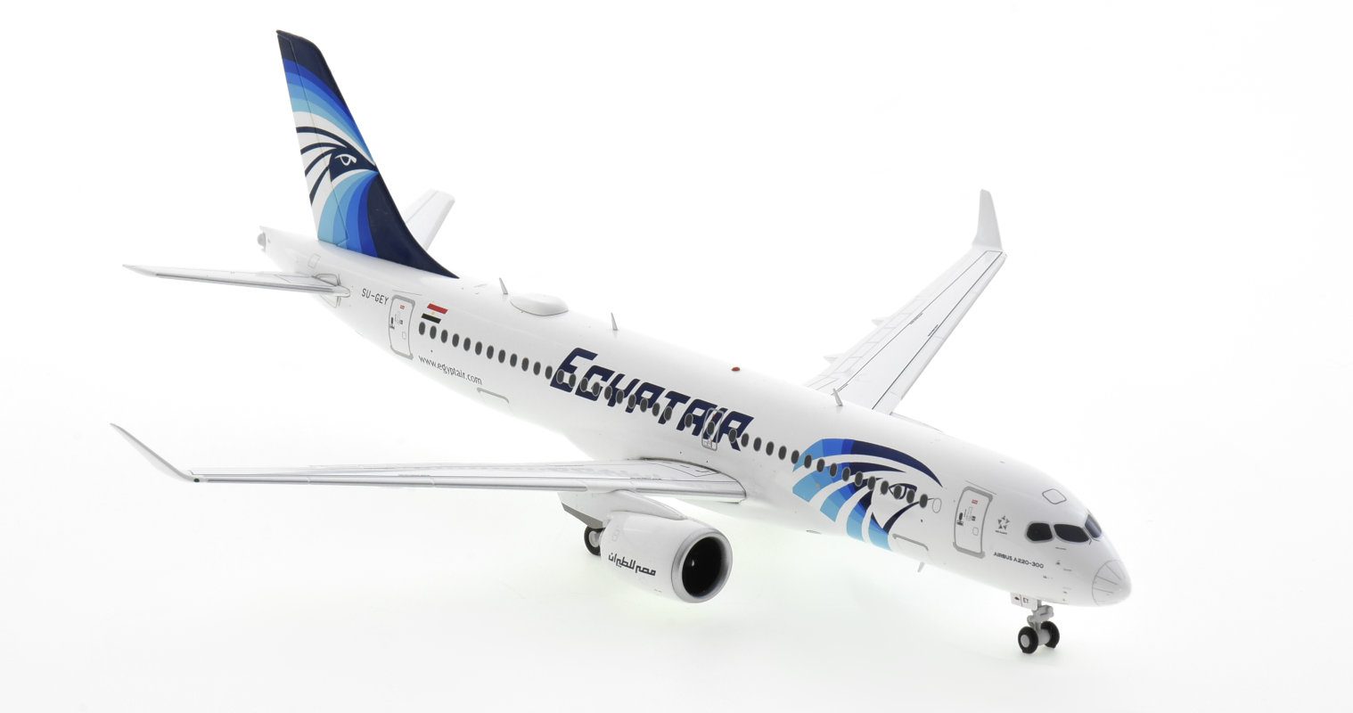 Front starboard view of JC Wings LH2MSR232 -  Airbus A220-300 1/200 scale diecast model, registration SU-GEY in Egyptair's livery.