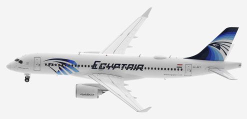Top view of JC Wings LH2MSR232 / LH2232 - Airbus A220-300 1/200 scale diecast model, registration SU-GEY in Egyptair's livery.