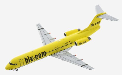 Top view of Herpa Wings HE571258 - 1/200 scale diecast model Fokker 100 (F28 Mark 0100), registration D-AGPN, in Hapag-Lloyd Express's livery.