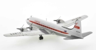 Rear view of Herpa WingsHE571555 - 1/200 scale diecast model Douglas DC-4, registration VH-EDB, named "Norfolk Trader" in Qantas Airway's livery, circa the 1960s