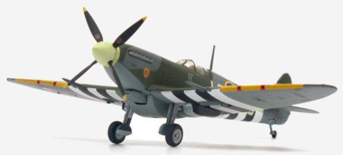 Front port side view of JCW-72-SPF-001 - 1/72 scale diecast model Supermarine Spitfire Mk IXC, s/n MJ586, flown by Pierre Clostermann, No.602 Sqn, RAF, France, July 1944.