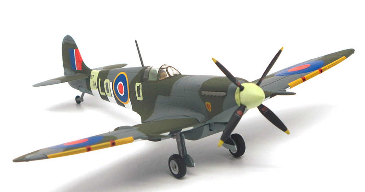 Front starboard side view of JC Wings JCW-72-SPF-001 - 1/72 scale diecast model Supermarine Spitfire Mk IXC, s/n MJ586, flown by Pierre Clostermann, No.602 Sqn, RAF, France, July 1944.