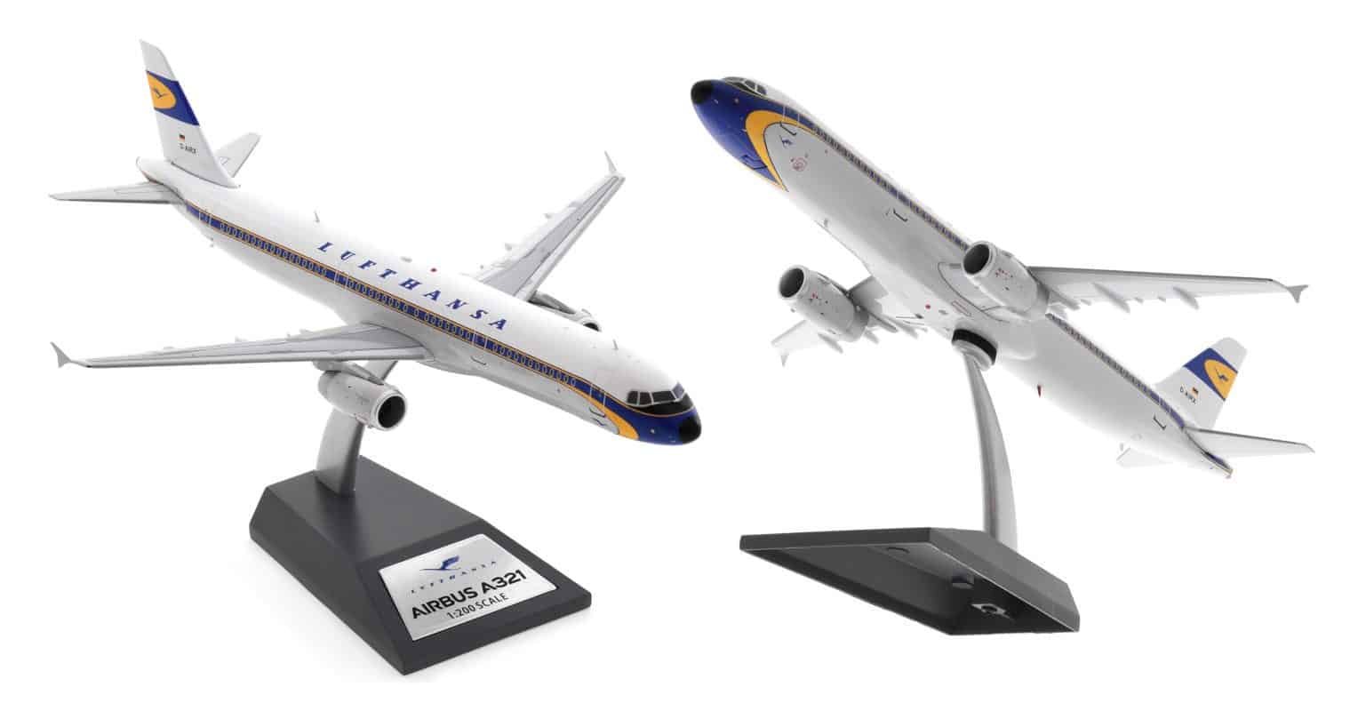 Image of model on display stand, JFox JF-A321-027 - 1/200 scale diecast model Airbus A321-100, registration D-AIRX in Lufthansa's retro livery