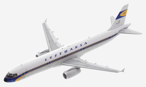 Top view of JFox JF-A321-027 - 1/200 scale diecast model Airbus A321-100, registration D-AIRX in Lufthansa's retro livery