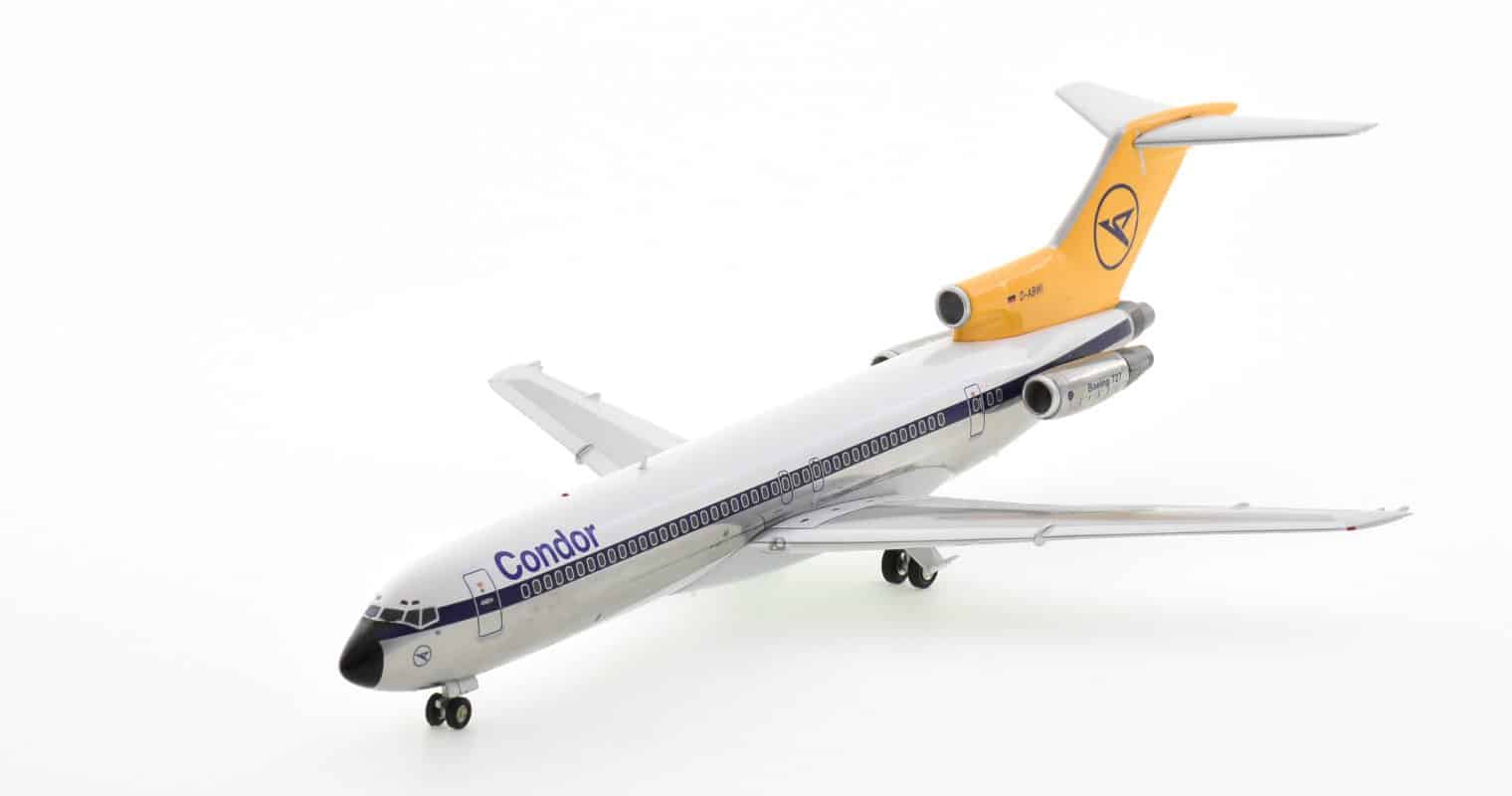 Front port side view of JFox JF727-2-002P - 1/200 scale diecast model Boeing 727-200 (ADV), registration D-ABWI in Condor Flugdienst's livery, circa the early 1980s.