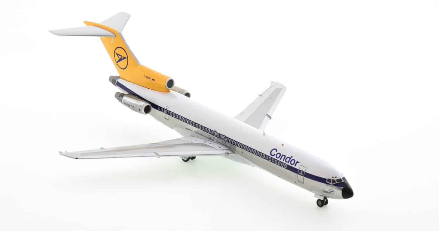 Front starboard side view of JFox JF727-2-002P - 1/200 scale diecast model Boeing 727-200 (ADV), registration D-ABWI in Condor Flugdienst's livery, circa the early 1980s.