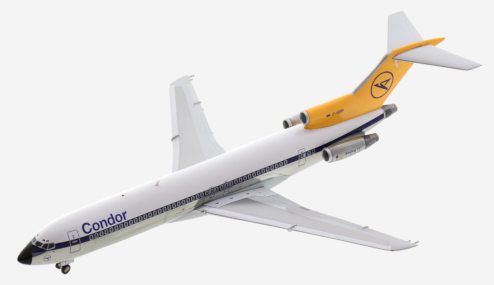 Top view of JFox JF727-2-002P - 1/200 scale diecast model Boeing 727-200 (ADV), registration D-ABWI in Condor Flugdienst's livery, circa the early 1980s.