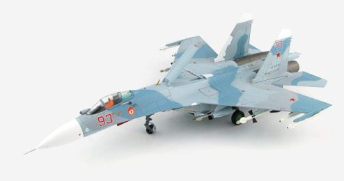 Front port side view of Hobby Master HA6006 - 1/72 scale diecast model Sukhoi Su-27P (NATO reporting name: Flanker B), s/n RF-33749, bort # "Red 93". 689th OGvIAP, MA VMF, Baltic Fleet, 2017.