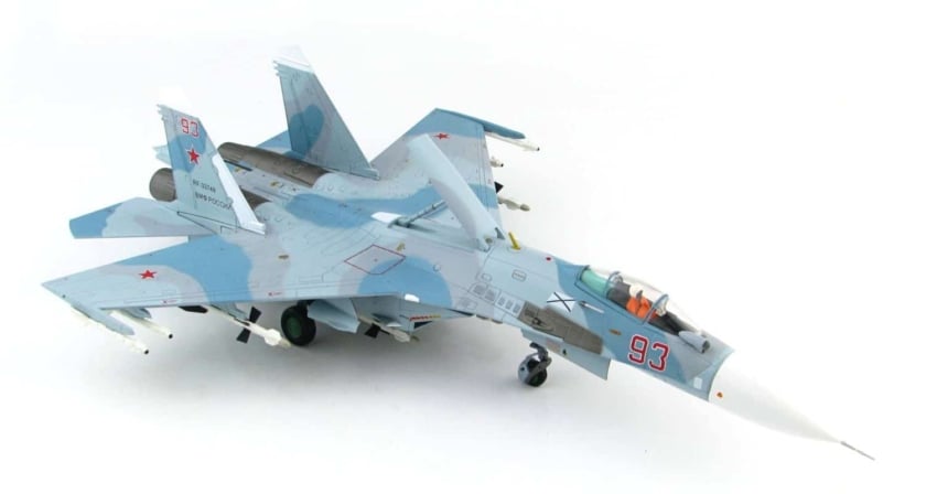 Front starboard view of Hobby Master HA6006 - 1/72 scale diecast model Sukhoi Su-27P (NATO reporting name: Flanker B), s/n RF-33749, bort # "Red 93". 689th OGvIAP, MA VMF, Baltic Fleet, 2017.