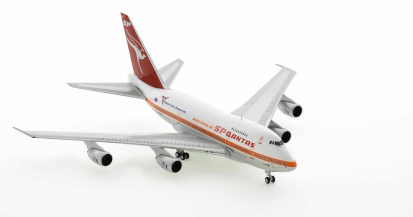 Front starboard side view of the 1/400 scale diecast model B747SP registration VK-EAB, in Qantas livery with “Official Carrier Brisbane 1982” Commonwealth Games titles, 1982.