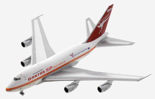 Top view of the 1/400 scale diecast model B747SP registration VK-EAB, in Qantas livery with “Official Carrier Brisbane 1982” Commonwealth Games titles, 1982.