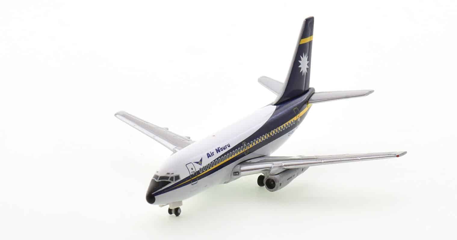 Front port side view of Seattle Model Aircraft 7CRON002 - 1/400 scale diecast model Boeing 737-200/Adv registration C2-RN8, in Air Nauru's livery, circa 1990.