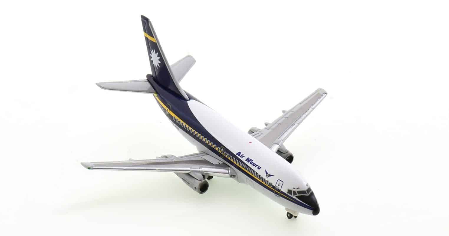 Front starboard side view of Seattle Model Aircraft 7CRON002 - 1/400 scale diecast model Boeing 737-200/Adv registration C2-RN8, in Air Nauru's livery, circa 1990.