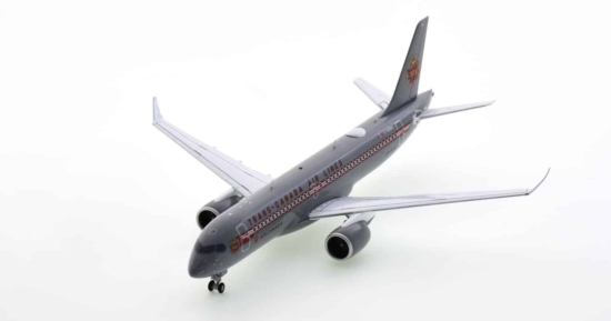 Front port side view of G2ACA999 -  Airbus A220-300 1/200 scale diecast model, registration C-GNBN in Air Canada's "Trans-Canada Airlines" retro livery.