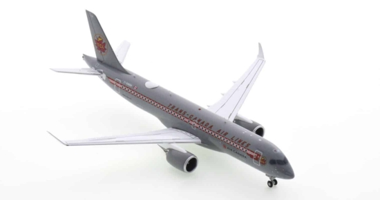 Front starboard side view of G2ACA999 -  Airbus A220-300 1/200 scale diecast model, registration C-GNBN in Air Canada's "Trans-Canada Airlines" retro livery.