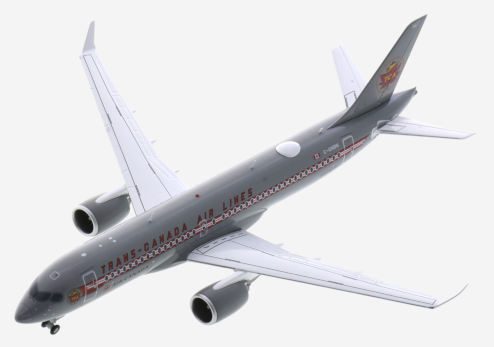 Top view of G2ACA999 -  Airbus A220-300 1/200 scale diecast model, registration C-GNBN in Air Canada's "Trans-Canada Airlines" retro livery.