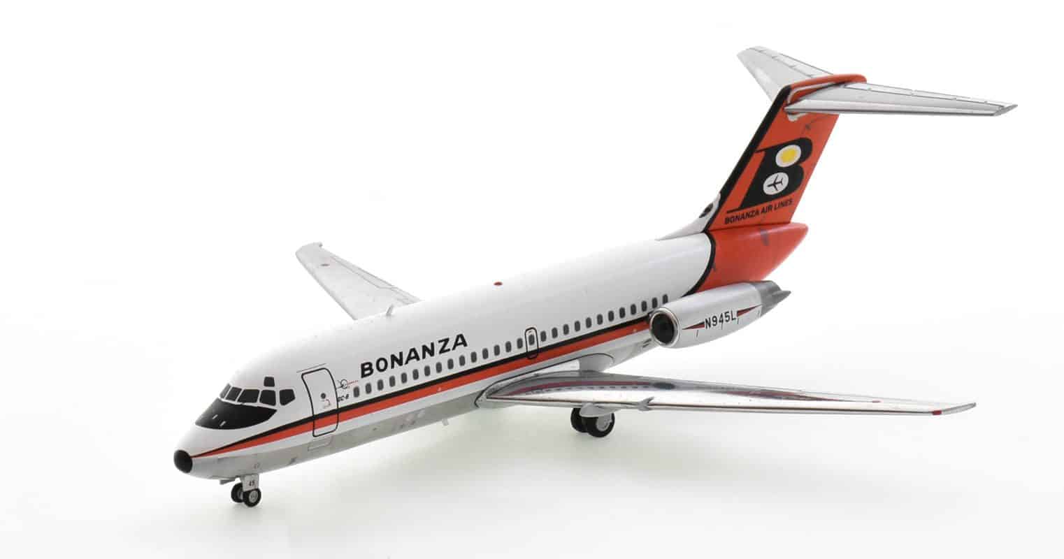 Front port side view of Gemini Jets G2BZA480 - 1/200 scale diecast model of the McDonnell Douglas DC-9-11 registration N945L in Bonanza Airlines livery.