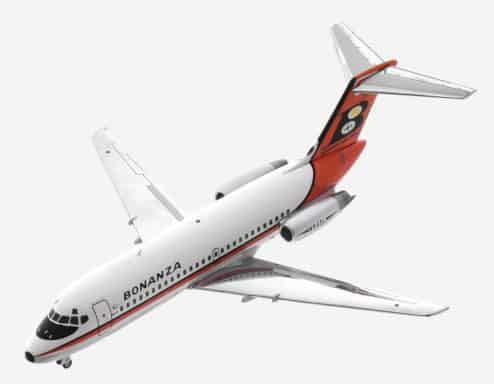 Top view of Gemini Jets G2BZA480 - 1/200 scale diecast model of the McDonnell Douglas DC-9-11 registration N945L in Bonanza Airlines livery.