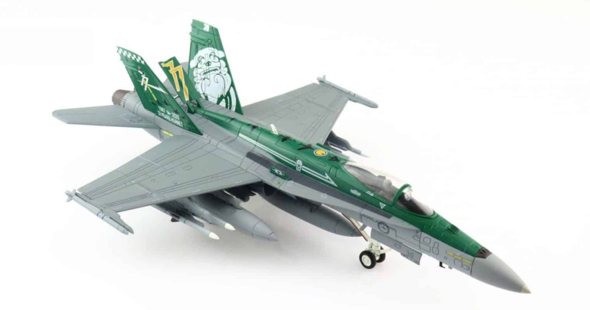 Front starboard side view of Hobby Master HA3558 - McDonnell Douglas F/A-18A Hornet 1/72 scale diecast model  s/n A21-39 of No. 77 Sqn, RAAF, " 33 years of legacy Hornet operations with 77 Sqn".