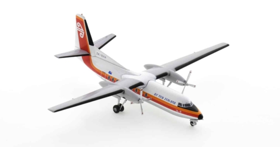 Front starboard side view of Western Models WM211079 - 1/200 scale diecast model of the Fokker F27-100 Friendship registration ZK-BXH in Air New Zealand's Transitional livery, circa the early 1980s.