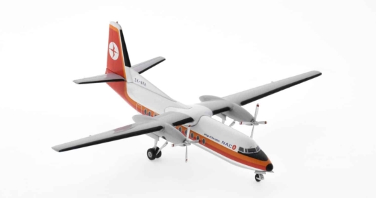 Front starboard side view of Western Models WM211080 - 1/200 scale diecast model of the Fokker F27-100 Friendship registration ZK-NFA in Air New Zealand National Airways Corporation (NAC) livery, circa the late 1970s.