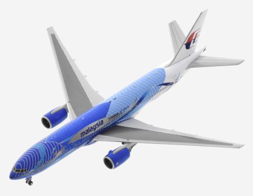 Top view of JC4MAS485 / XX4485 -  1/400 scale diecast model Boeing 777-300ER of registration 9M-MRD in Malaysia Airlines "Heliconia - Freedom of Space" livery