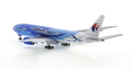 Rear view of JC Wings JC4MAS485A / XX4485A -  1/400 scale diecast model B777-300 with flaps down of registration 9M-MRD in Malaysia Airlines "Heliconia - Freedom of Space" livery.