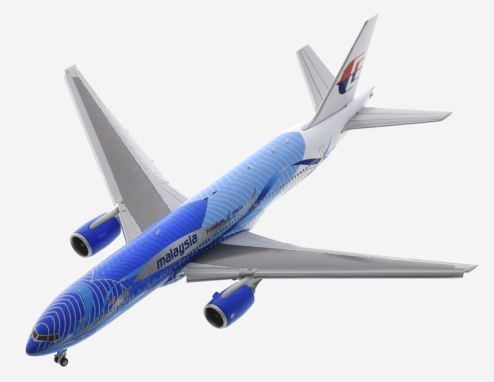 Top view of JC Wings JC4MAS485A / XX4485A - 1/400 scale diecast model B777-300 with flaps down of registration 9M-MRD in Malaysia Airlines "Heliconia - Freedom of Space" livery.