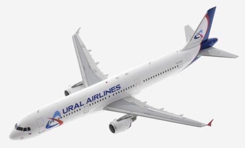 Top view of AviaBoss A2052 - 1/200 scale diecast model Airbus A321-200, registration VQ-BOZ in Ural Airlines livery.