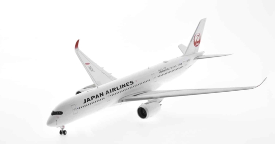 Front port side view of Inflight200 B-JAL-A359-05 - 1/200 scale diecast model A350-900 of registration JA05XJ in Japan Airlines livery