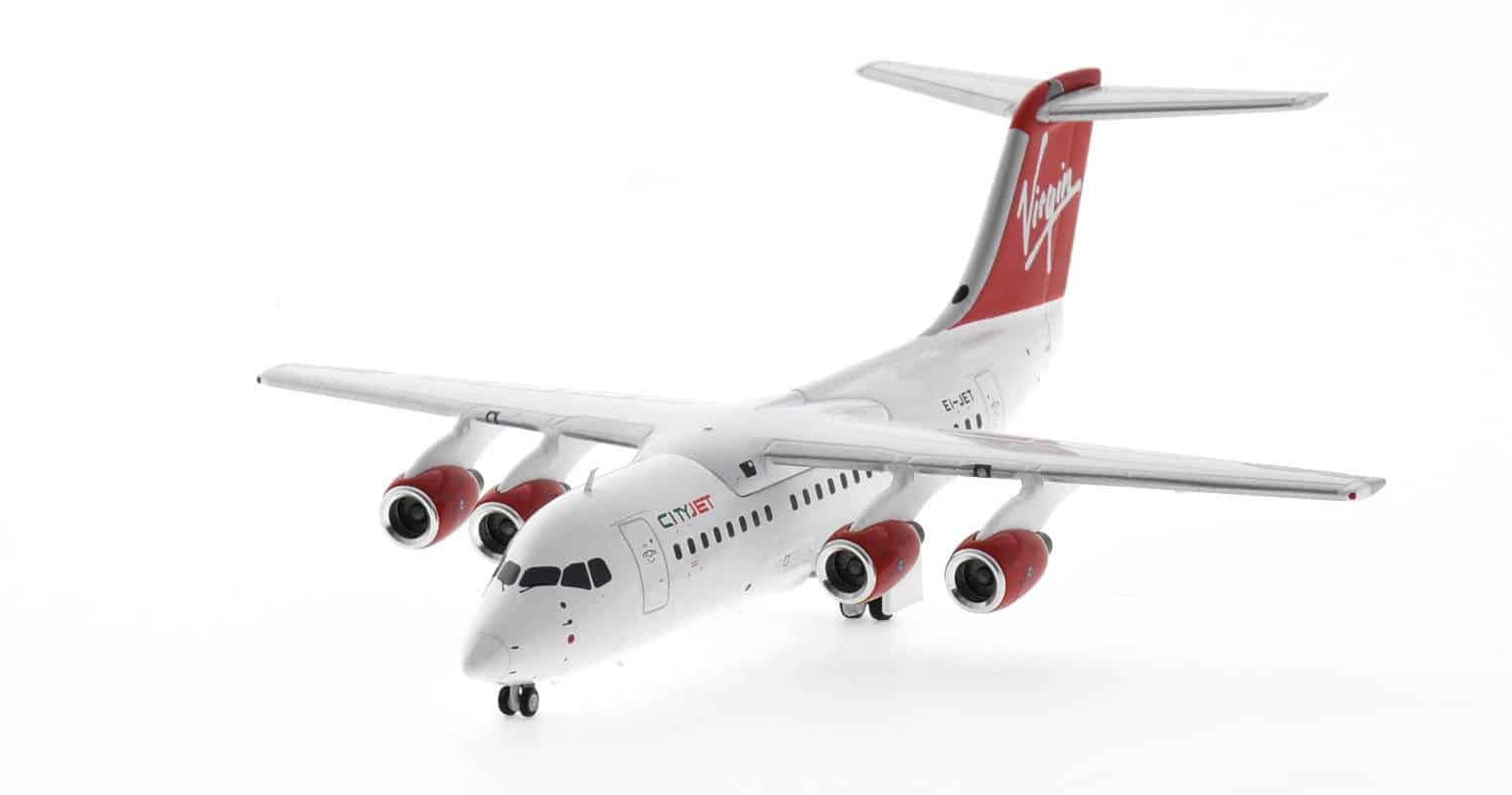 Front port view of JC Wings EW2146002 - 1/200 scale diecast model British Aerospace BAe 146-200A registration EI-JET in Virgin Cityjet livery, circa the early 1990s.