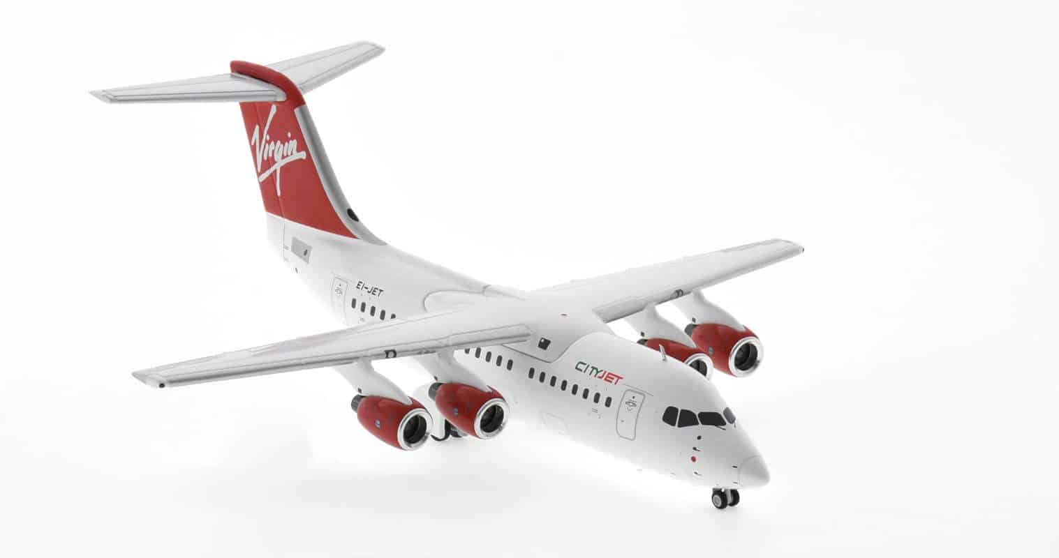 Front starboard view of JC Wings EW2146002 - 1/200 scale diecast model British Aerospace BAe 146-200A registration EI-JET in Virgin Cityjet livery, circa the early 1990s.
