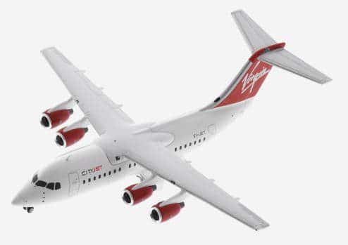 Top view of JC Wings EW2146002 - 1/200 scale diecast model British Aerospace BAe 146-200A registration EI-JET in Virgin Cityjet livery, circa the early 1990s.