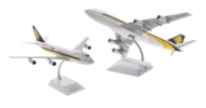 Image of model on display stand, JC Wings EW2742001 - Boeing 747-200B 1/200 scale diecast model of registration 9V-SIA in Singapore Airlines livery with "California here we come" titles, circa 1980.