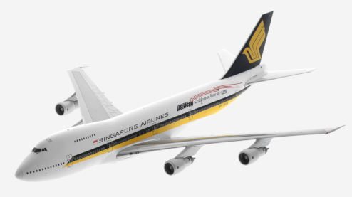 Top view of JC Wings EW2742001 - Boeing 747-200B 1/200 scale diecast model of registration 9V-SIA in Singapore Airlines livery with "California here we come" titles, circa 1980.