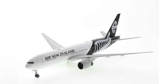 Front port view of JC Wings JC2ANZ0031 / XX20031 - 1/200 scale diecast model Boeing 777-200ER registration ZK-OKG in Air New Zealand's "Silver Fern" livery.