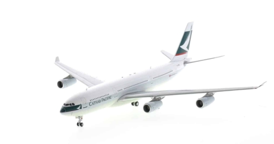 Front port side view of Inflight200 WB-A340-2-001 - 1/200 scale diecast model of the Airbus A340-200, registration VR-HMU, in Cathay Pacific livery, circa the early 1990s.