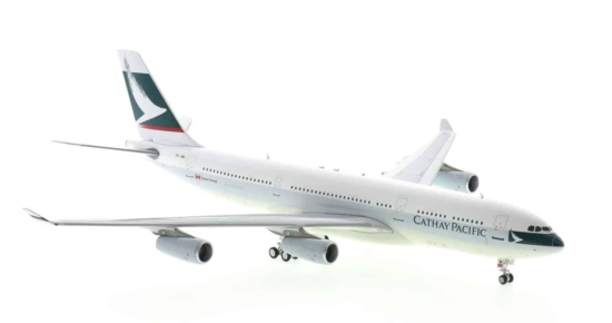Front starboard side view of Inflight200 WB-A340-2-001 - 1/200 scale diecast model of the Airbus A340-200, registration VR-HMU, in Cathay Pacific livery, circa the early 1990s.