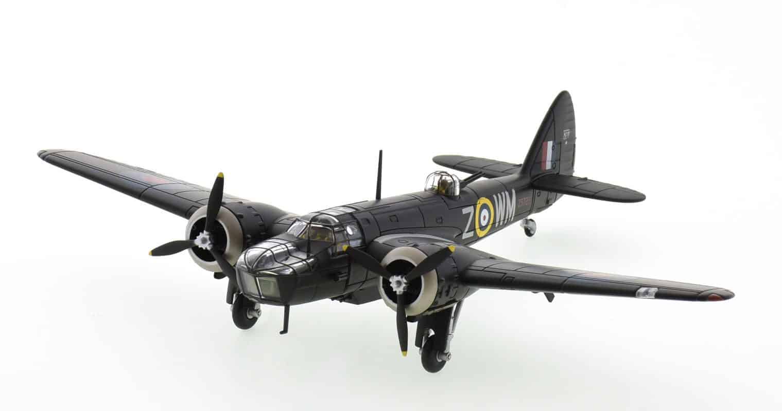 Front port side view of Corgi AA38410 - 1/72 scale diecast model Bristol Blenheim Mk. IVF registration G-BPIV In the colour scheme of Max Aitken CO of No.68 Sqn, RAF personal aircraft, RAF High Ercall during 1941.