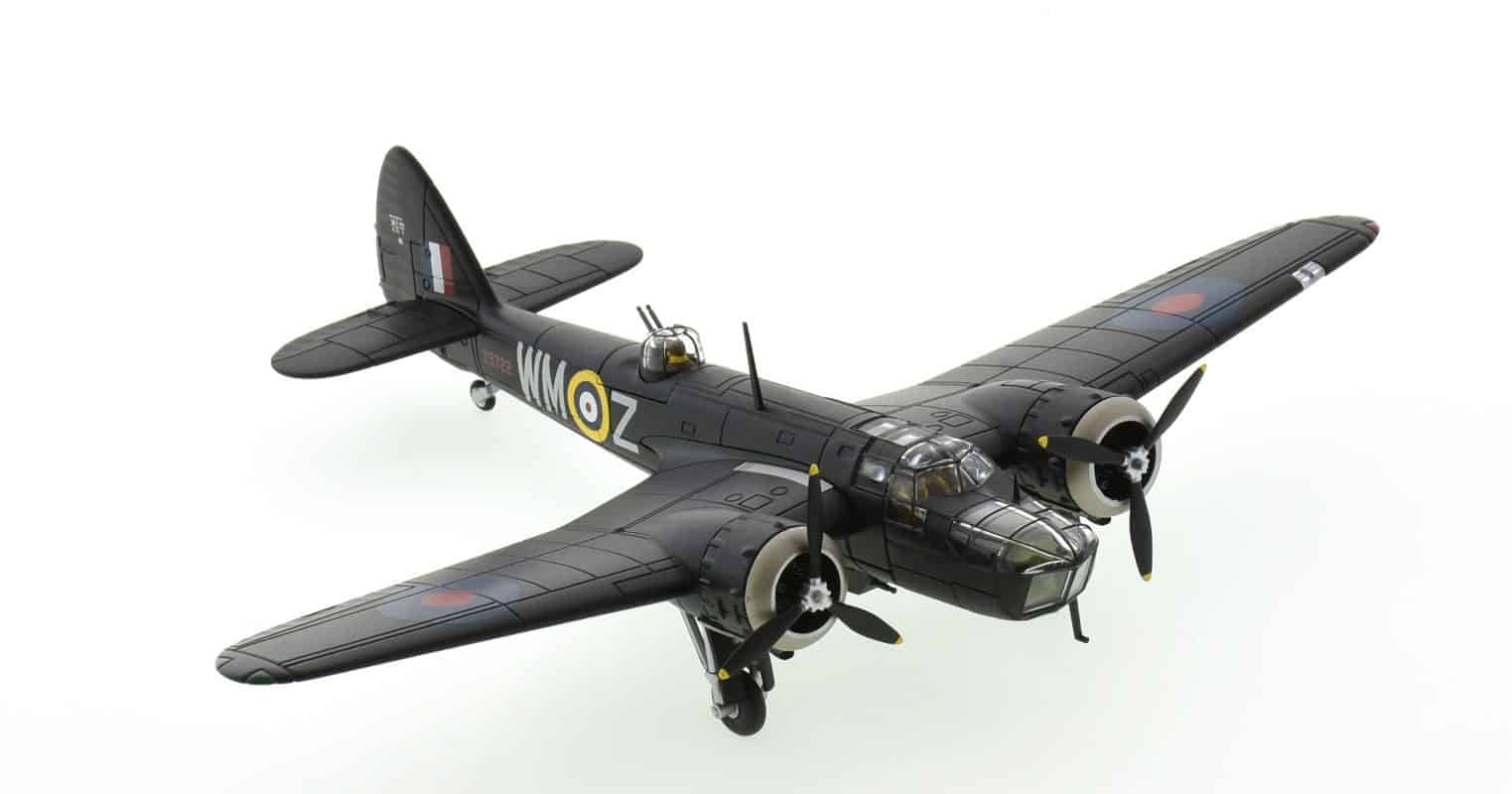 Front starboard side view of Corgi AA38410 - 1/72 scale diecast model Bristol Blenheim Mk. IVF registration G-BPIV In the colour scheme of Max Aitken CO of No.68 Sqn, RAF personal aircraft, RAF High Ercall during 1941.