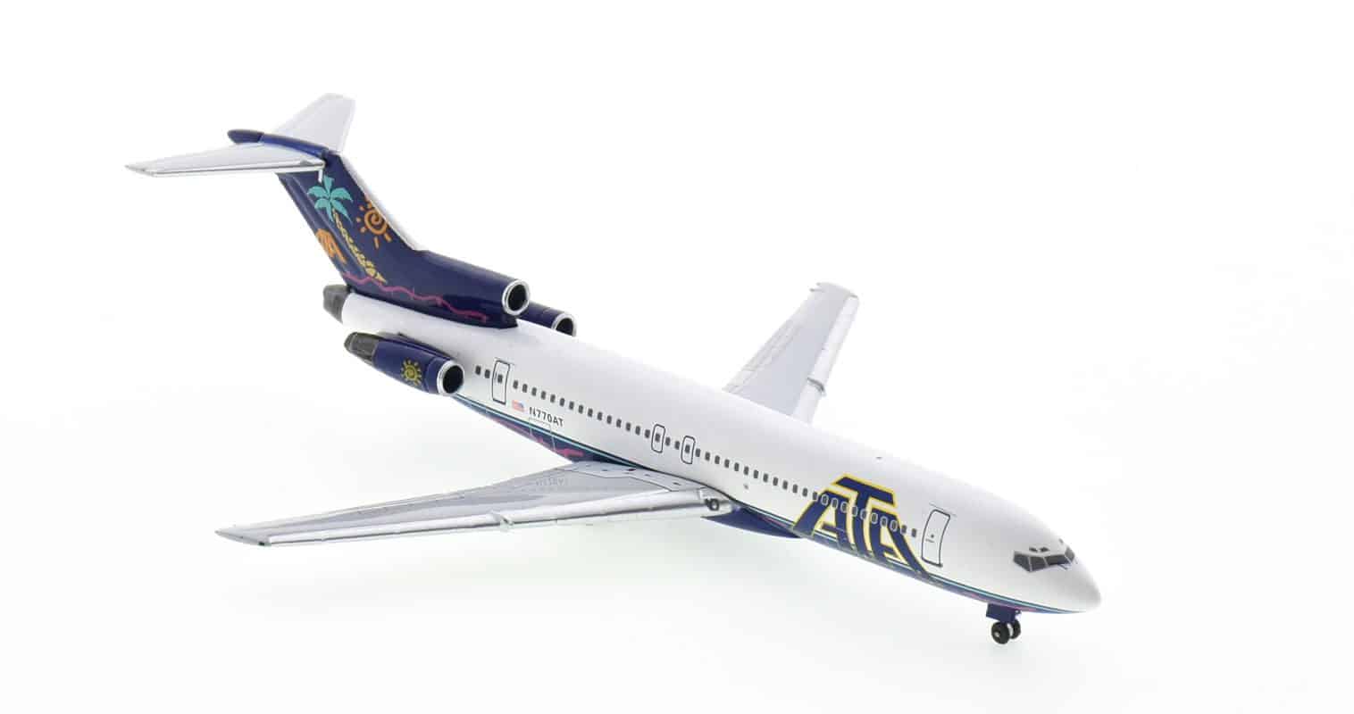 Front starboard side view of Aero Classics AC411049 - 1/200 scale diecast model Boeing 727-200 registration N770AT in American Trans Air (ATA) livery, circa the late 1990s.