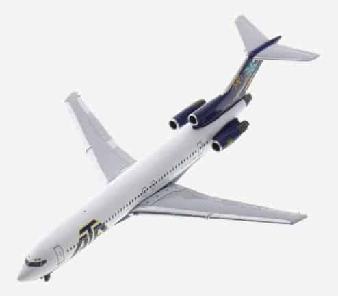 Top view of Aero Classics AC411049 - 1/200 scale diecast model Boeing 727-200 registration N770AT in American Trans Air (ATA) livery, circa the late 1990s.