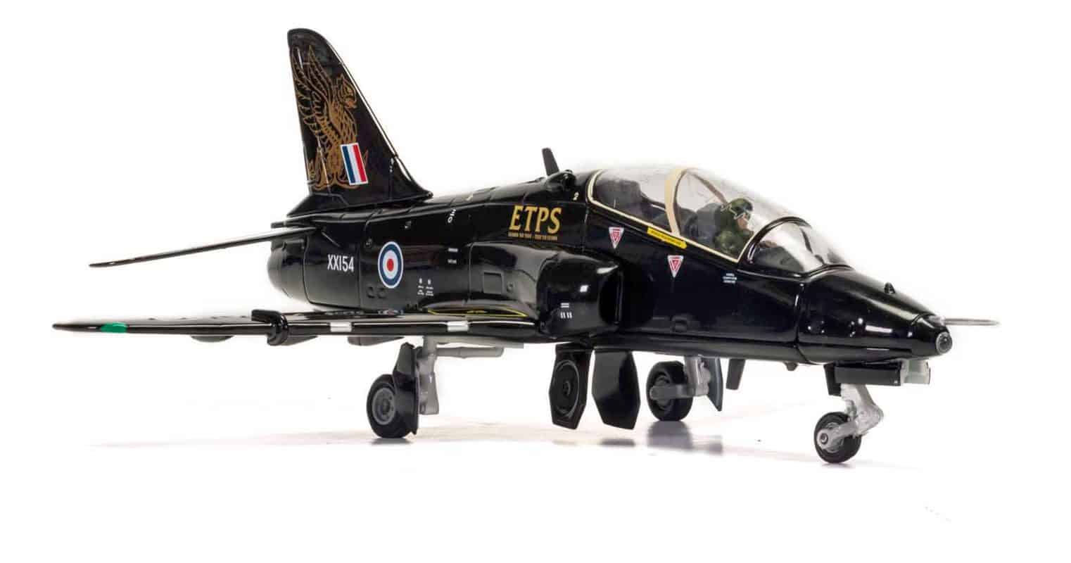 Front starboard side view of Corgi Aviation Archives AA36016 - 1/72 scale diecast model of the BAe Hawk T.1, s/n XX154, the first prototype, in the Empire Test Pilot's School ( ETPS) scheme.