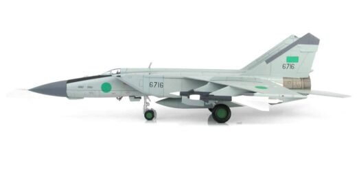 Port side view of Hobby Master HA5603 - 1/72 scale diecast model Mikoyan-Gurevich MiG-25PD  of the 1025th Aerial Squadron, Libyan Arab Republic Air Force (LARAF) based at Benin, West Africa, 1981.