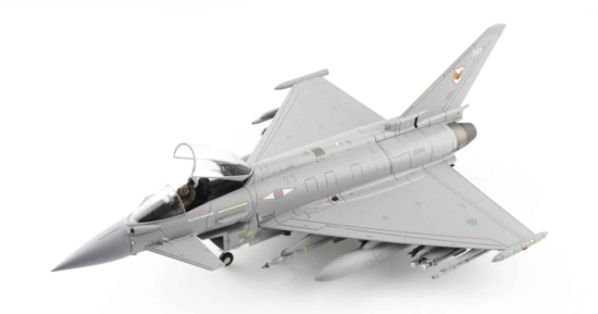 Front port side view with canopy open of Hobby Master HA6614 - 1/72 scale diecast model Eurofighter Typhoon FGR.4 ) of s/n ZK-349, No. 1 (F), RAF, RAF Lossiemouth, 2020.of
