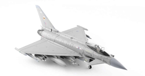 Front starboard side view of Hobby Master HA6614 - 1/72 scale diecast model Eurofighter Typhoon FGR.4 ) of s/n ZK-349, No. 1 (F), RAF, RAF Lossiemouth, 2020.