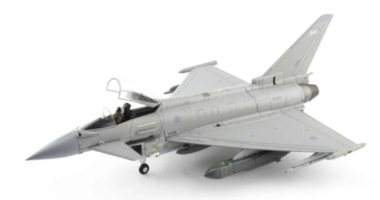 Front port side view of Hobby Master HA6615 - 1/72 scale diecast model of the Eurofighter Typhoon FGR 4 , s/n ZK344, No. 1 (F) Sqn, RAF, Operation Shader, Cyprus, 2021.