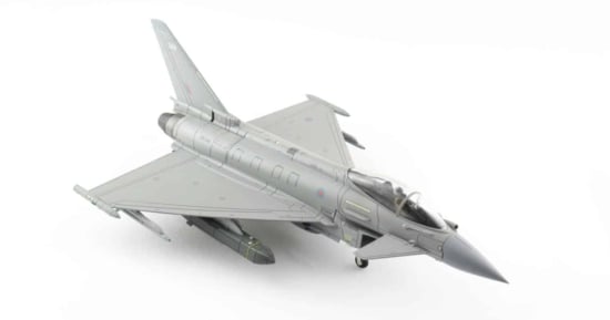 Front starboard side view of Hobby Master HA6615 - 1/72 scale diecast model of the Eurofighter Typhoon FGR 4 , s/n ZK344, No. 1 (F) Sqn, RAF, Operation Shader, Cyprus, 2021.