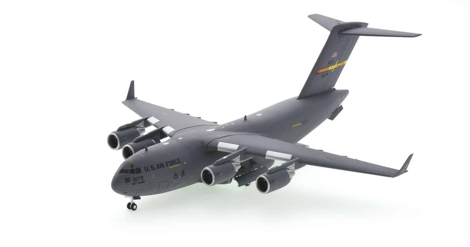 Front port side view of Gemini Jets G2AFO1006 - 1/200 scale diecast model Boeing C-17 Globemaster III of the 58th AS, 97th AMW, USAF, stationed at Altus Air Force Base, Oklahoma, USA.