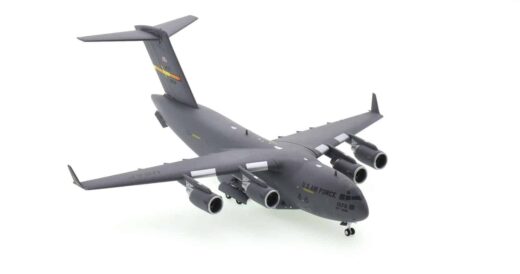 Front starboard side view of Gemini Jets G2AFO1006 - 1/200 scale diecast model Boeing C-17 Globemaster III of the 58th AS, 97th AMW, USAF, stationed at Altus Air Force Base, Oklahoma, USA.